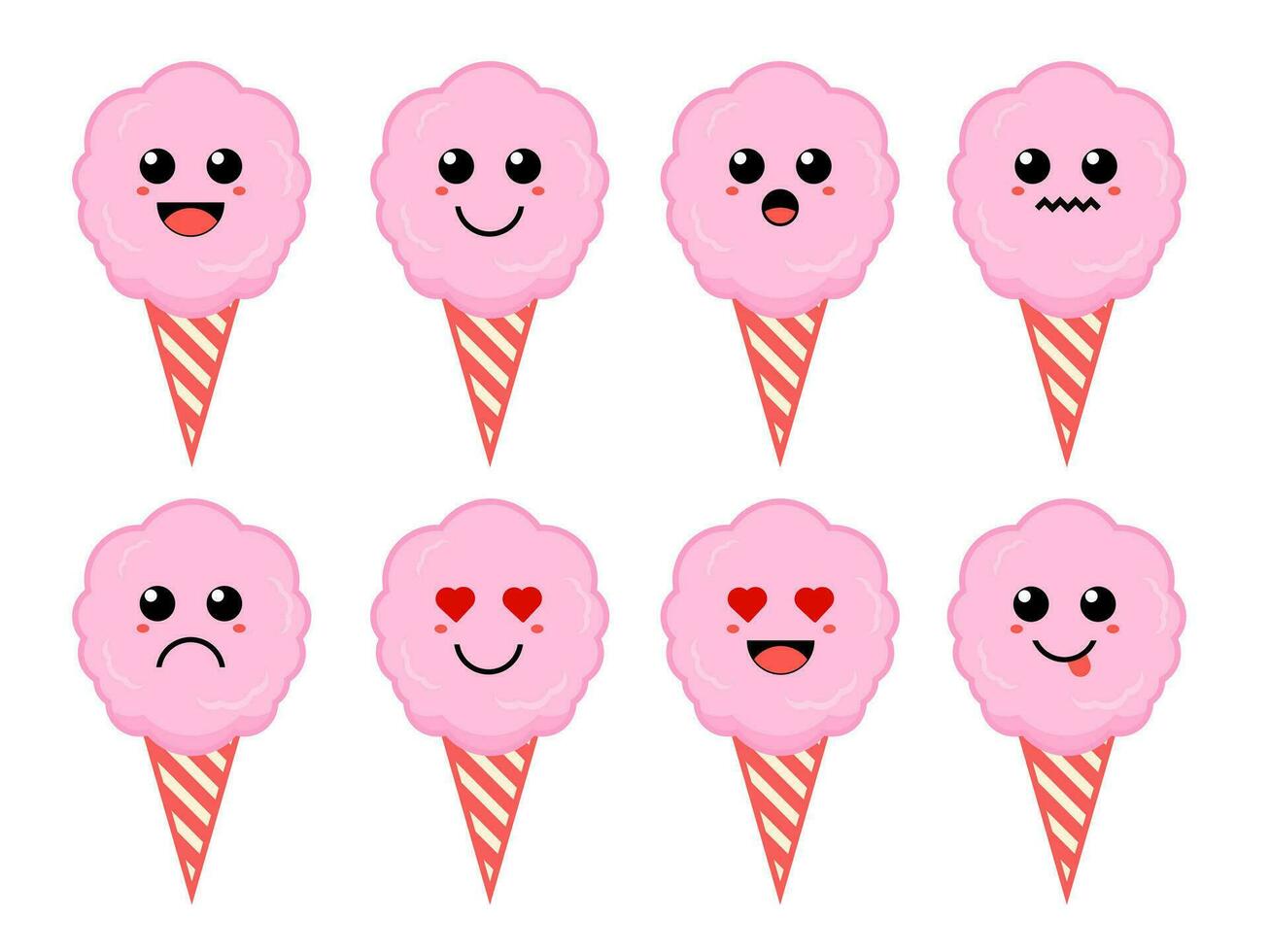 Set of cute cartoon colorful cotton candy with different emotions. Funny emotions character collection for kids. Fantasy characters. Vector illustrations, cartoon flat style