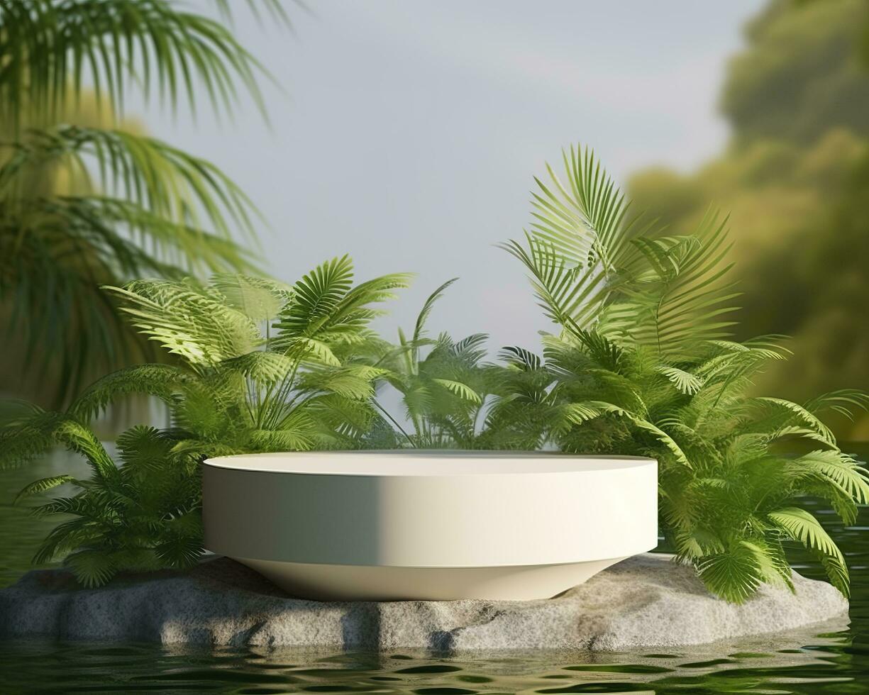 AI generated Stone product display podium for cosmetic product with green nature garden background. Generative AI photo