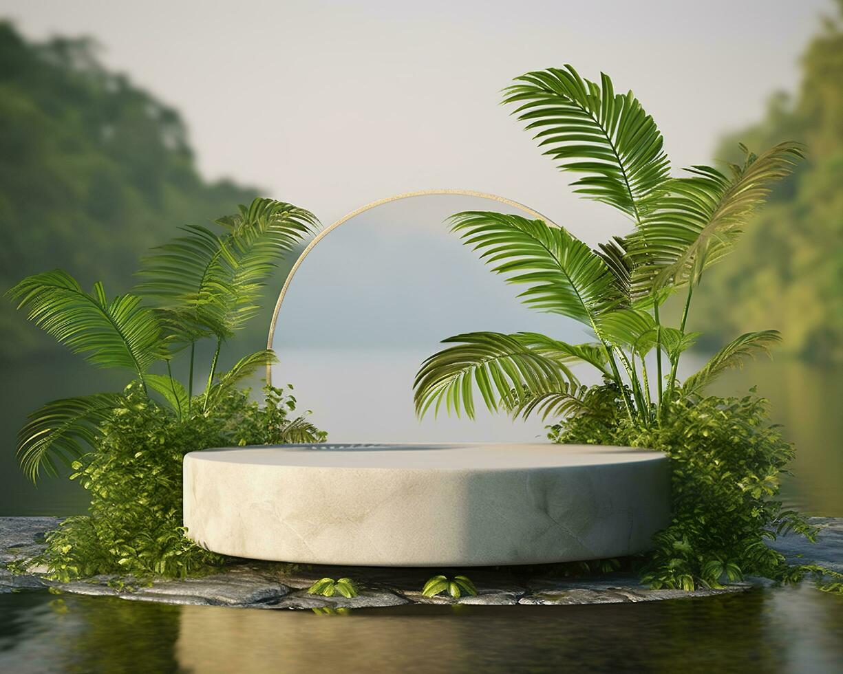 AI generated Stone product display podium for cosmetic product with green nature garden background. Generative AI photo