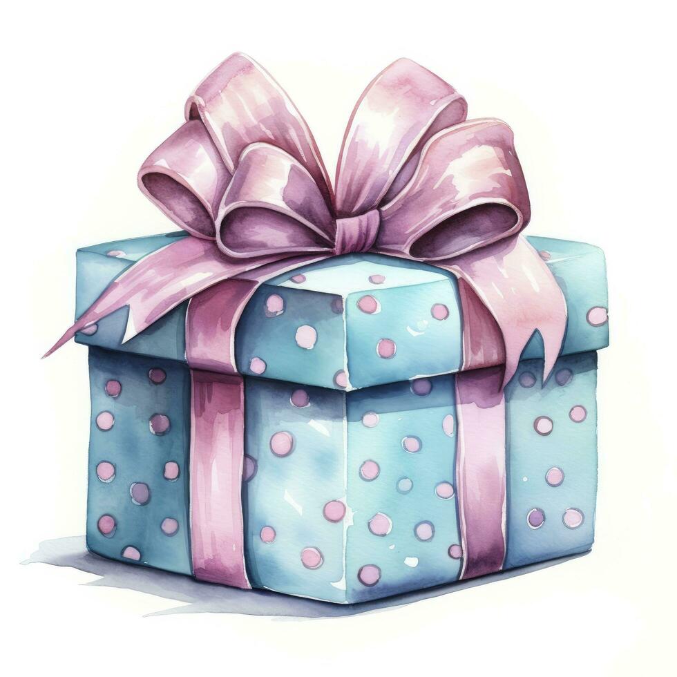 AI generated Watercolor birthday present with bow isolated on white background.  AI Generated photo