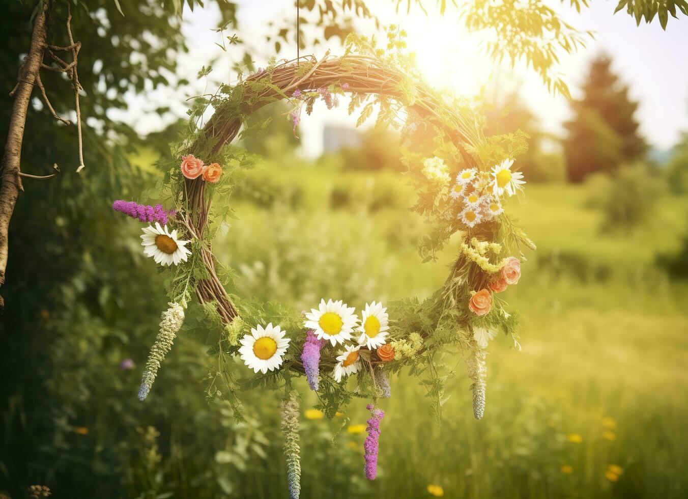 AI generated Rustic wildflowers wreath on a sunny meadow. Summer Solstice Day, Midsummer concept. Generative AI photo