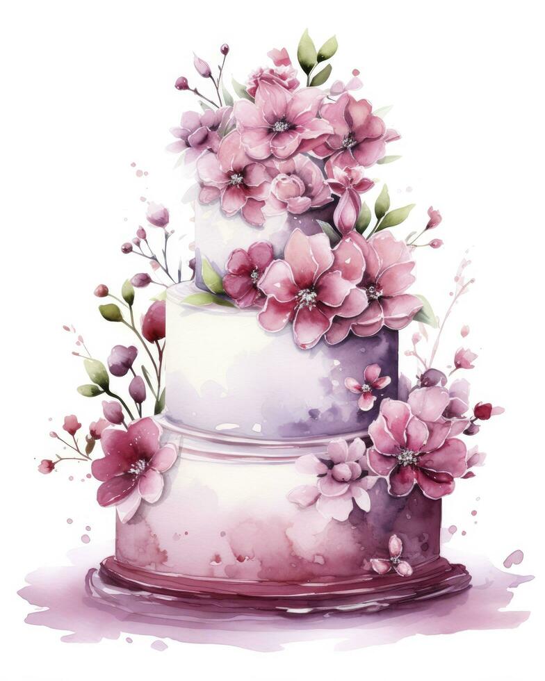 AI generated Watercolor wedding cake isolated on white background.  AI Generated photo