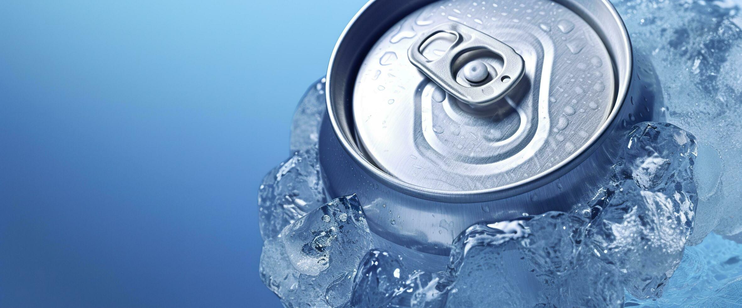 ai generado parte superior de bebida estaño lata con hielo sumergido en escarcha hielo, metal aluminio bebida. generativo ai foto