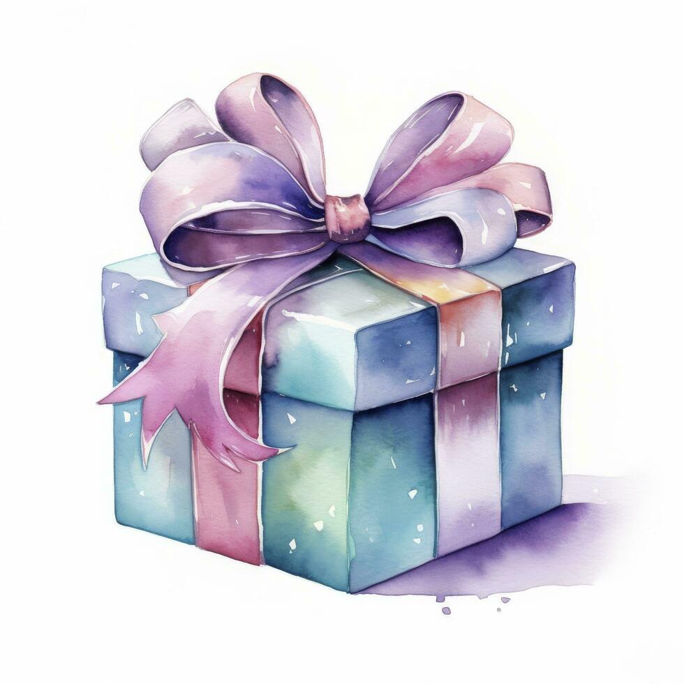 AI generated Watercolor birthday present with bow isolated on white background.  AI Generated photo