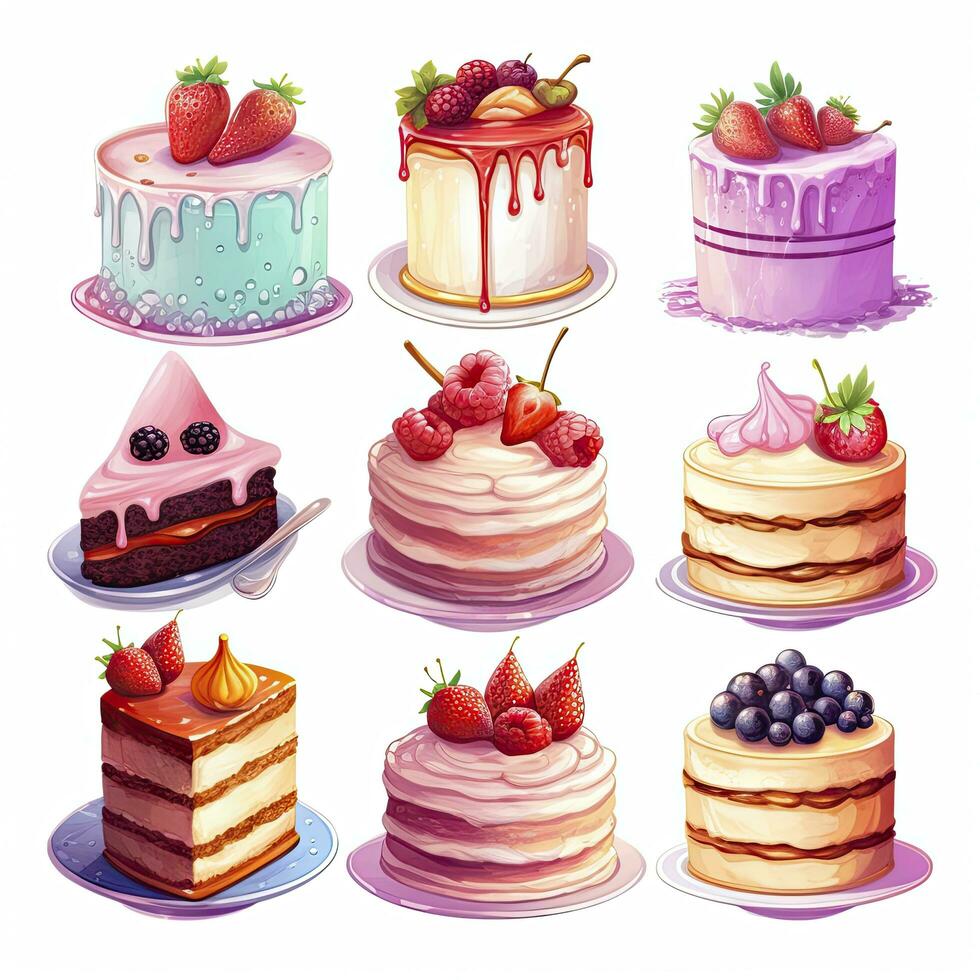 AI generated Set of Cake piece illustration on white background. AI Generated photo