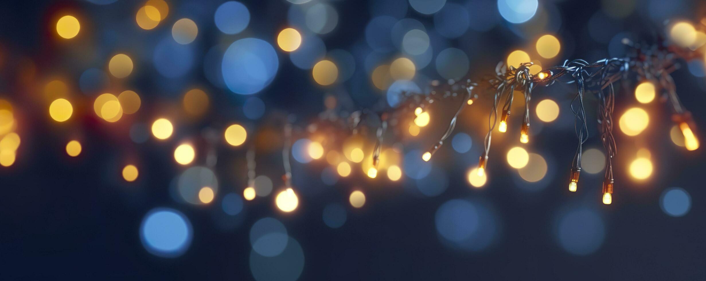 AI generated holiday illumination and decoration concept, Christmas garland bokeh lights over dark blue background. AI Generated photo