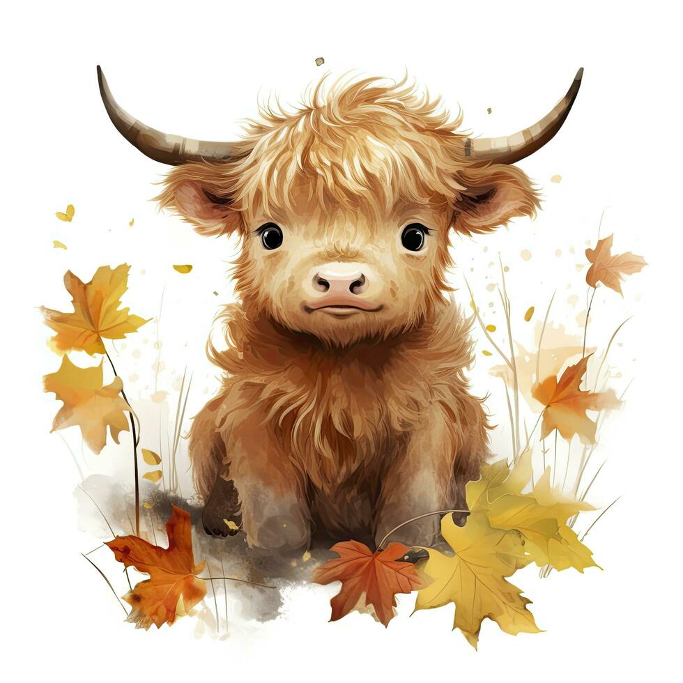 AI generated Happy cute baby highland cow in autumn leaves in the watercolor style. AI Generated photo