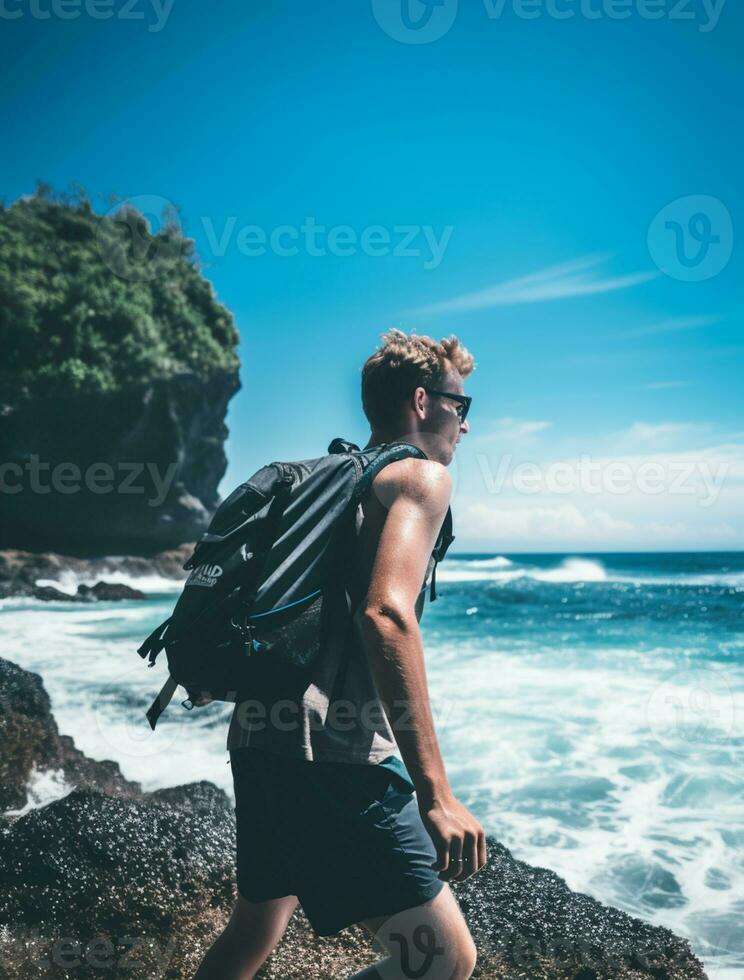 ai generado un fotografía de viajero o mochilero en el playa con un muchos estilo y muchos ángulo foto