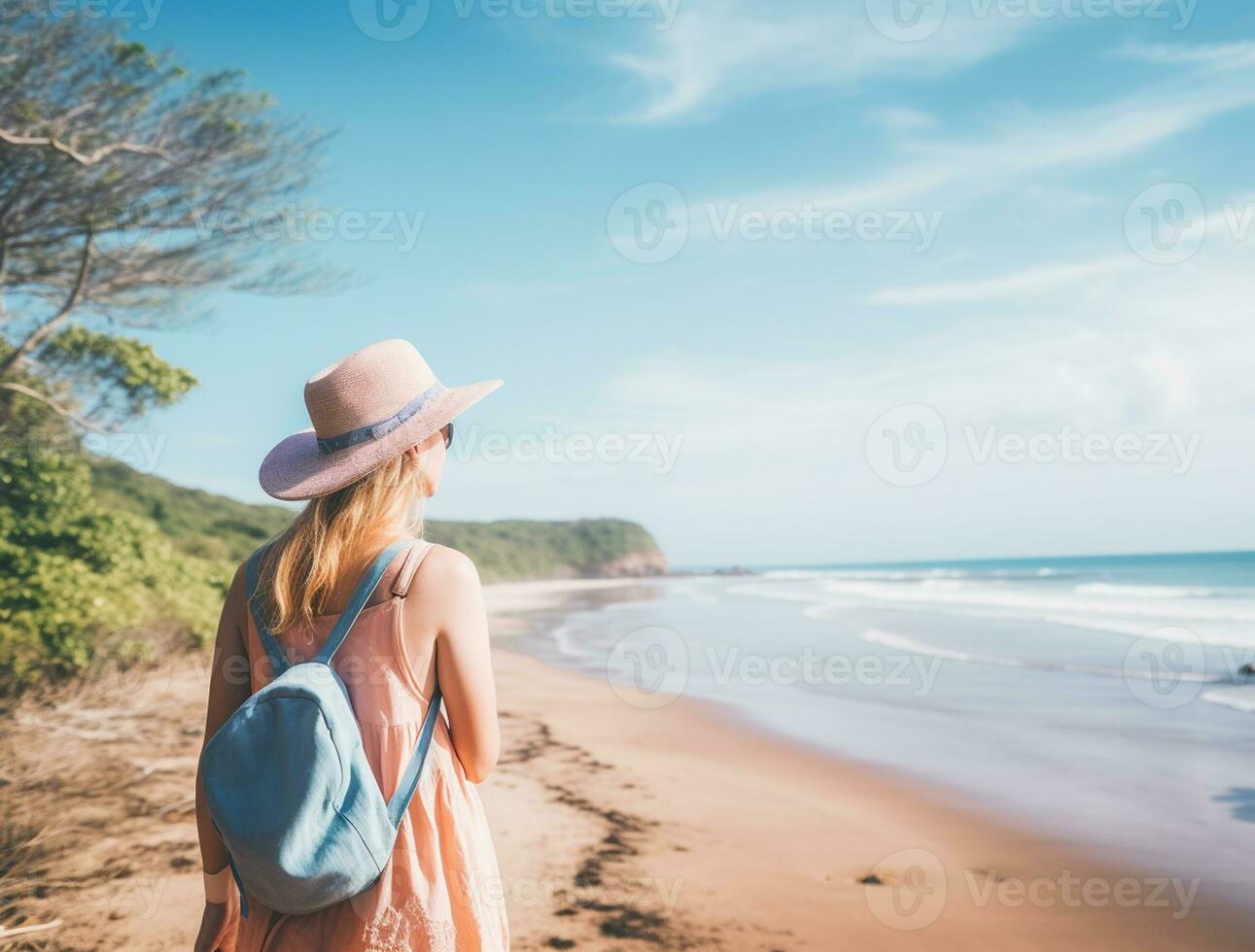 AI generated a photograph of traveler or backpaker in the beach with a many style and many angle photo