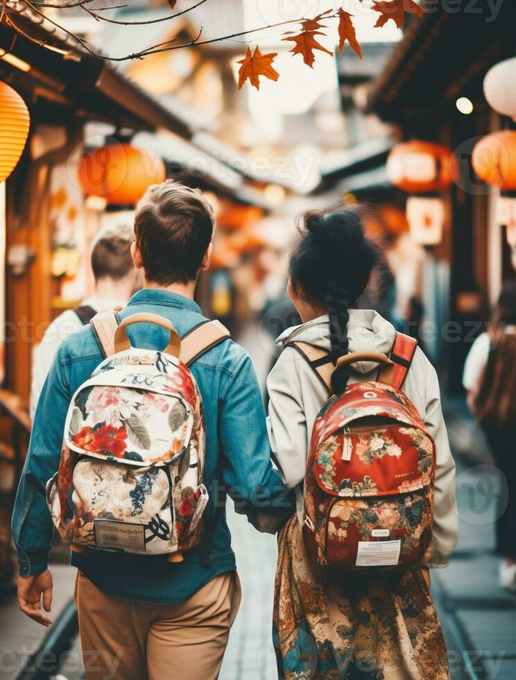 AI generated a photograph couple of traveler or backpaker with a many style and many angle photo