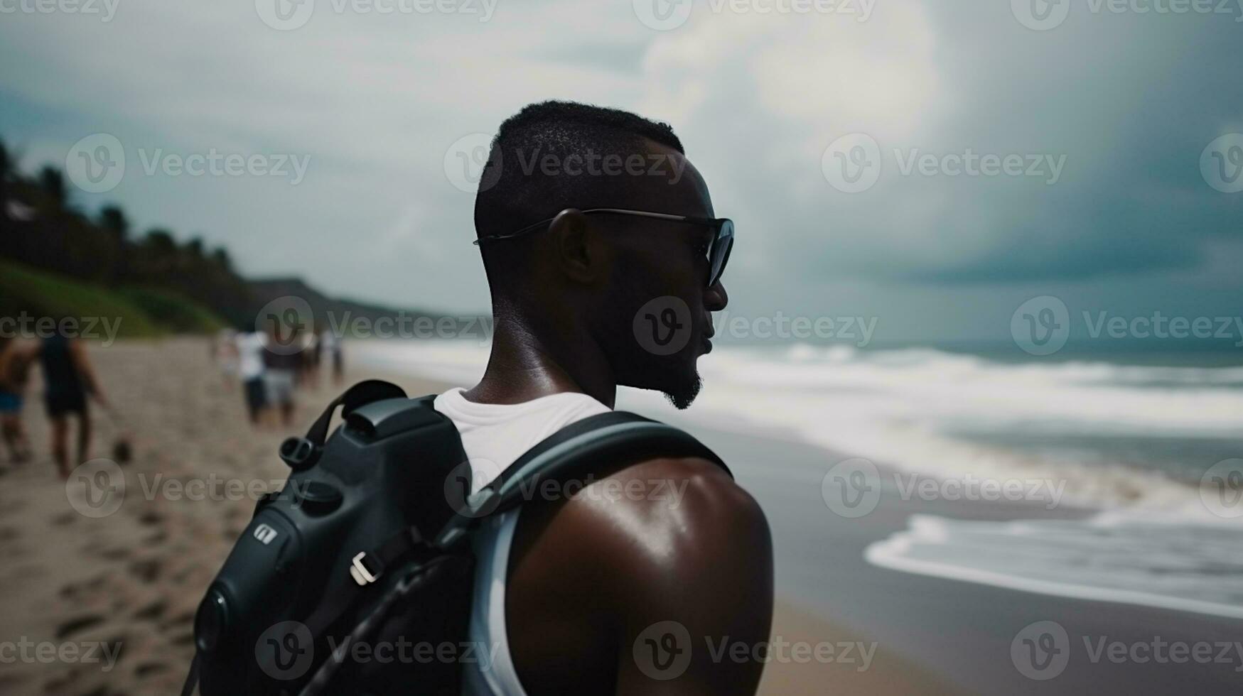 ai generado un fotografía de viajero o mochilero en el playa con un muchos estilo y muchos ángulo foto