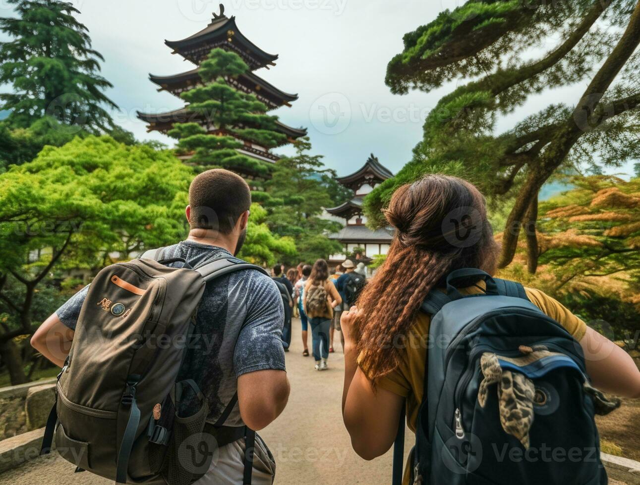 ai generado un fotografía Pareja de viajero o mochilero con un muchos estilo y muchos ángulo foto