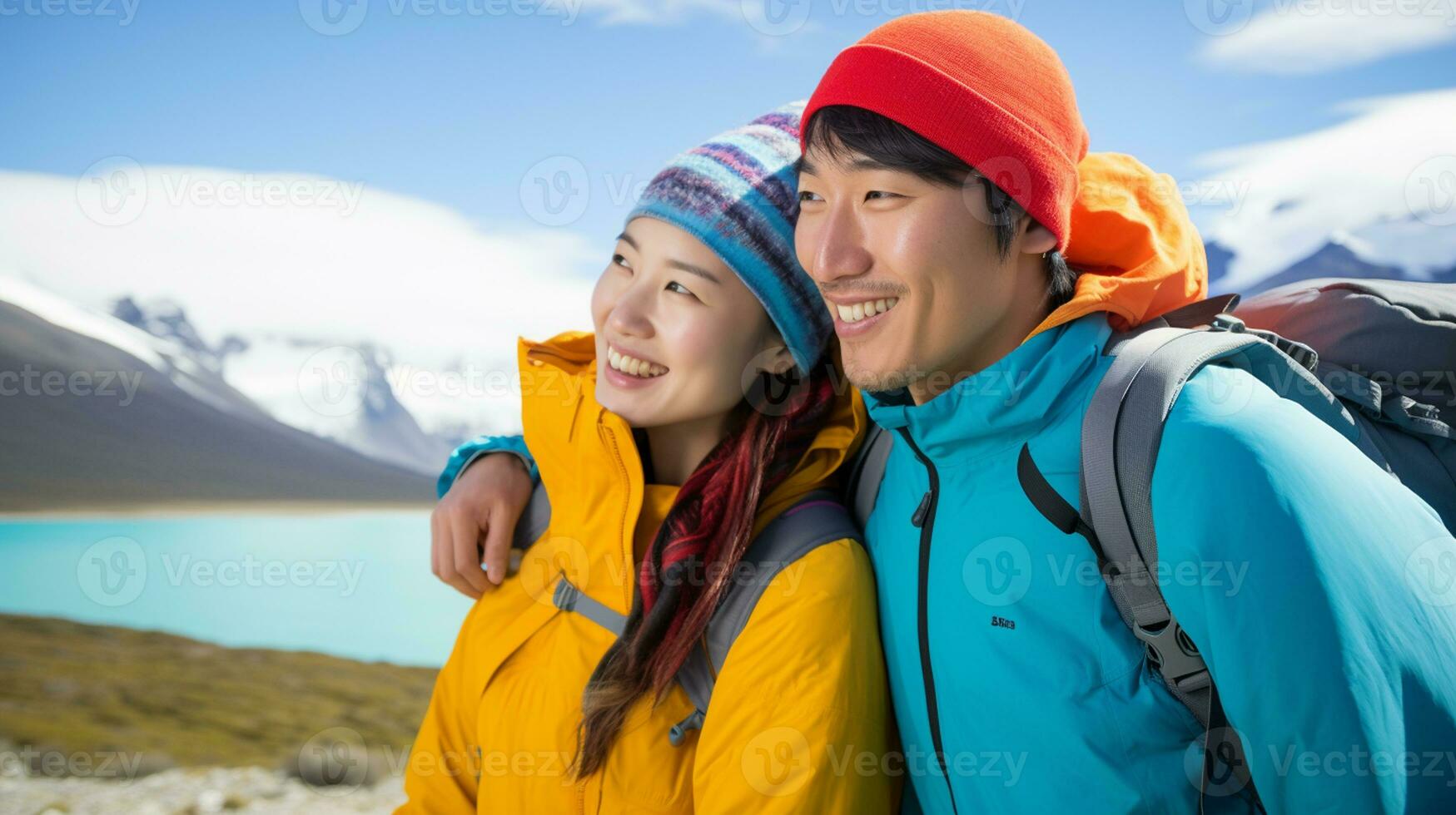 AI generated a photograph couple of traveler or backpaker with a many style and many angle photo