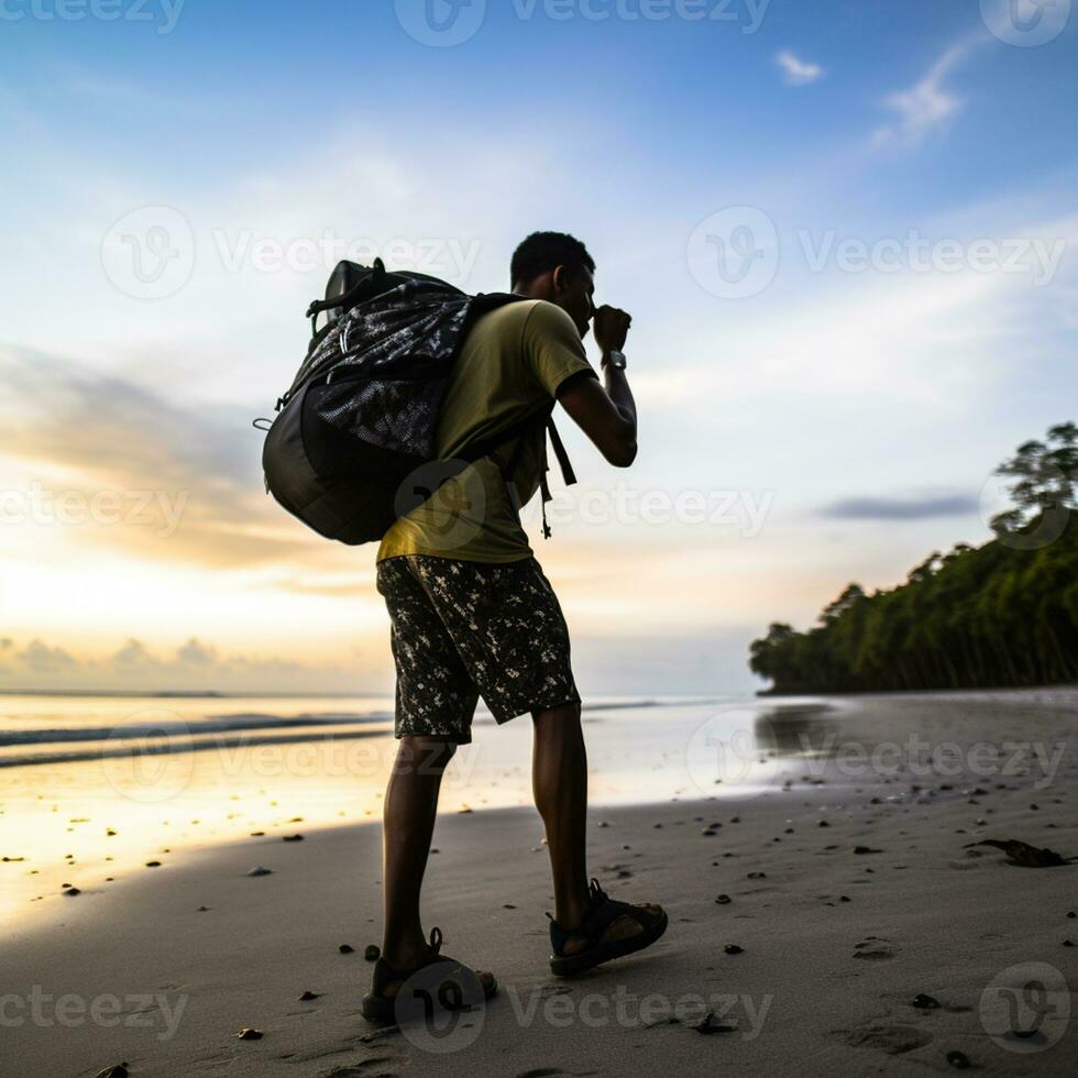 AI generated a photograph of traveler or backpaker in the beach with a many style and many angle photo