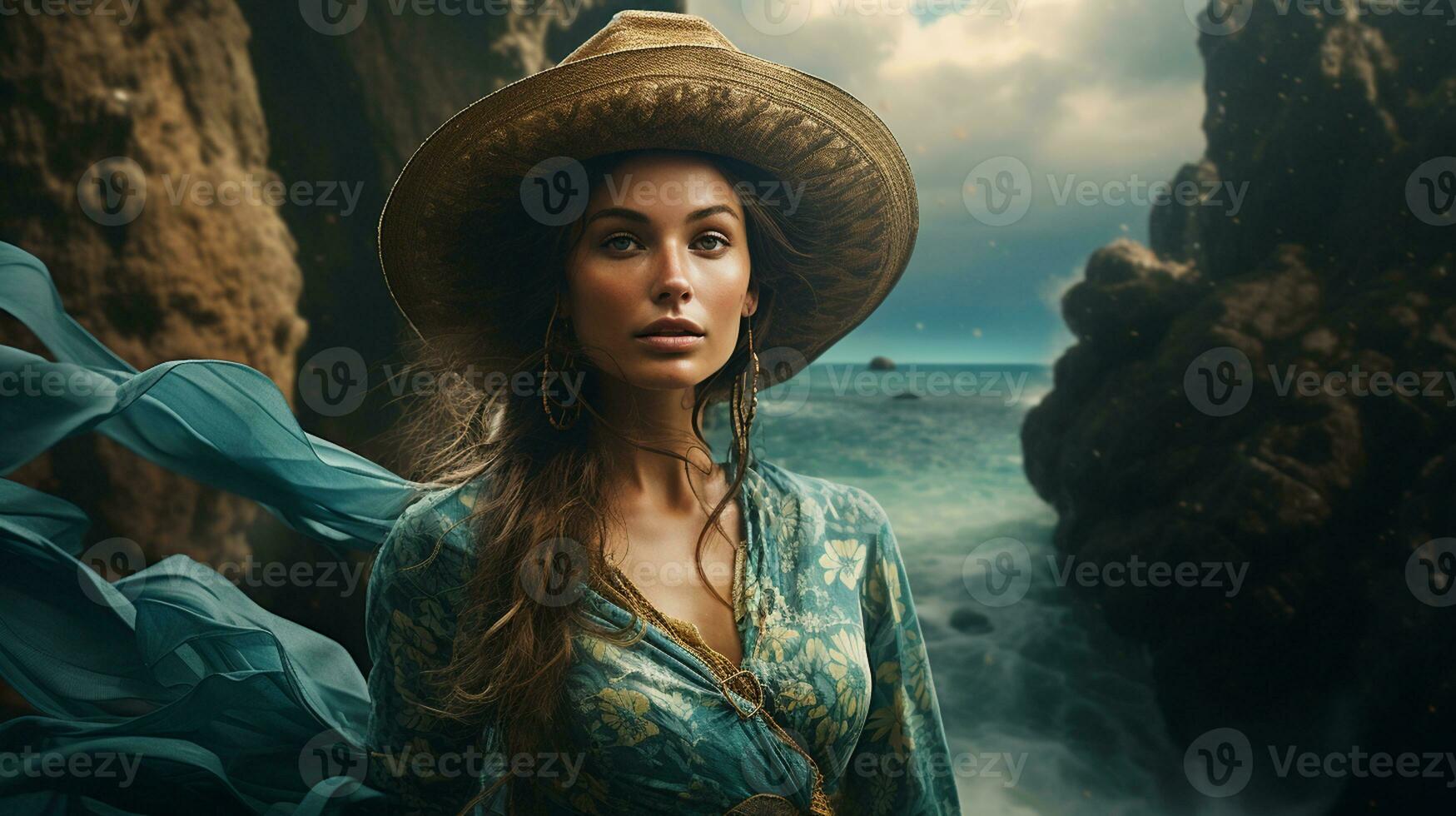 AI generated a photograph of traveler or backpaker in the beach with a many style and many angle photo