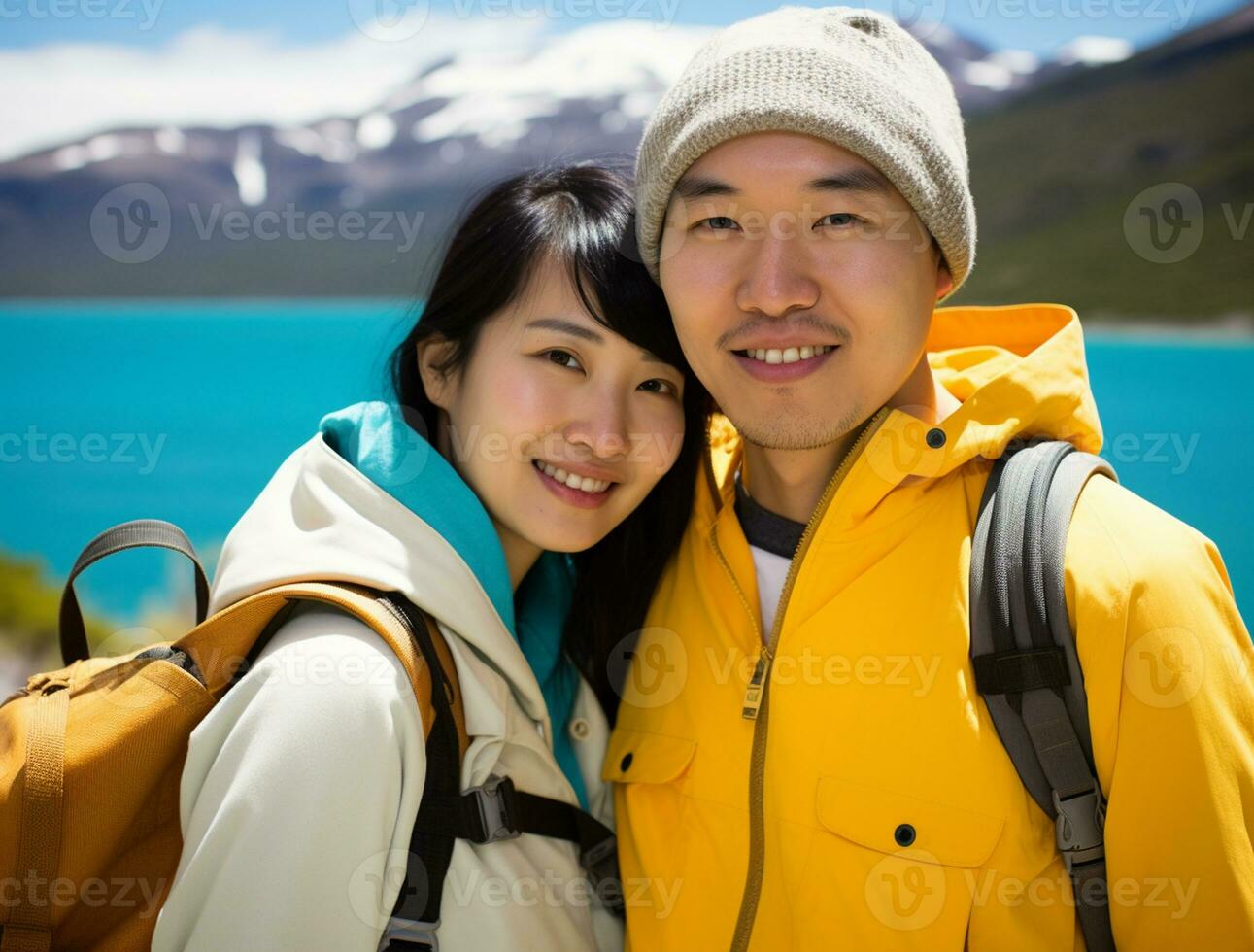 AI generated a photograph couple of traveler or backpaker with a many style and many angle photo