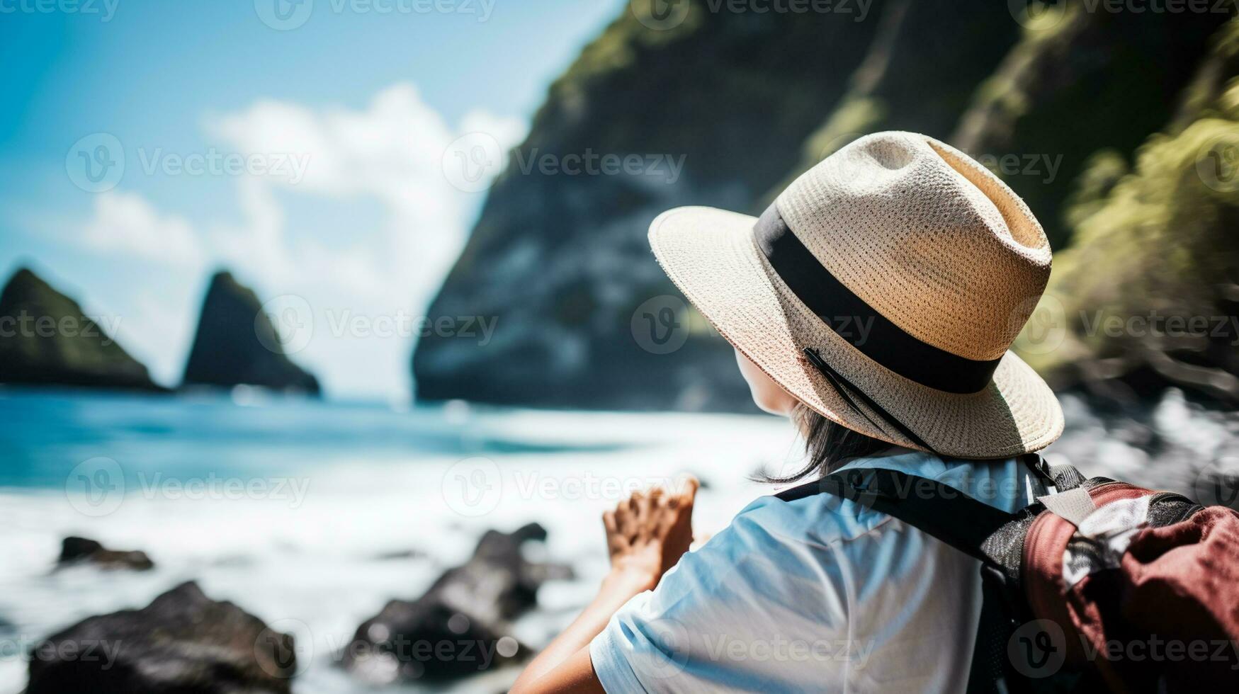 AI generated a photograph of traveler or backpaker in the beach with a many style and many angle photo