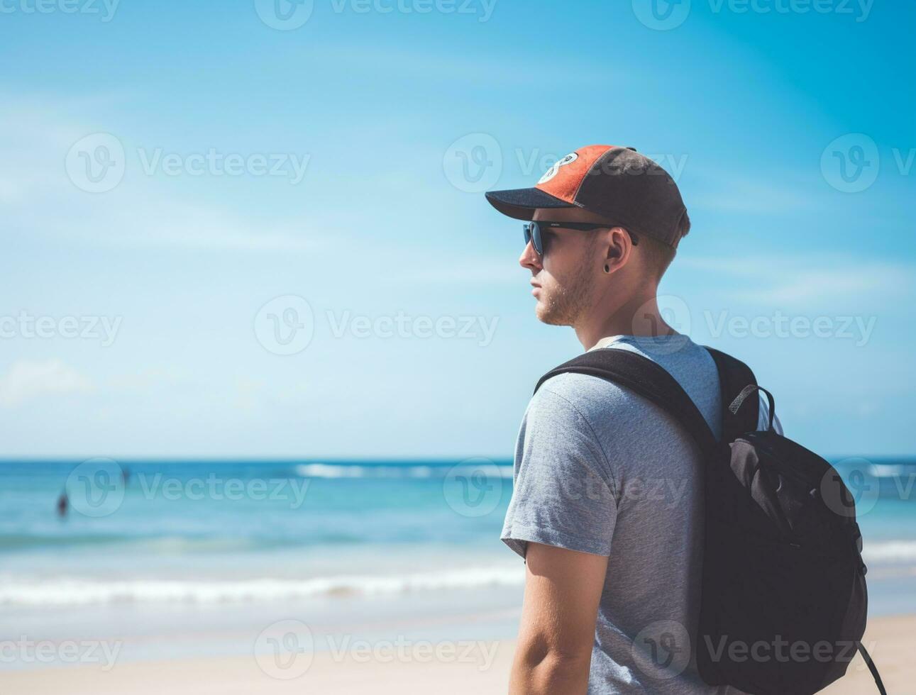 AI generated a photograph of traveler or backpaker in the beach with a many style and many angle photo
