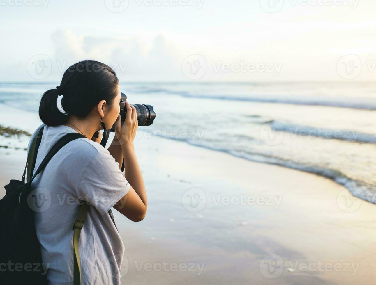 AI generated a photograph of traveler or backpaker in the beach with a many style and many angle photo