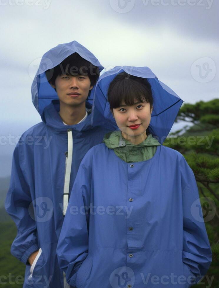 AI generated a photograph couple of traveler or backpaker with a many style and many angle photo