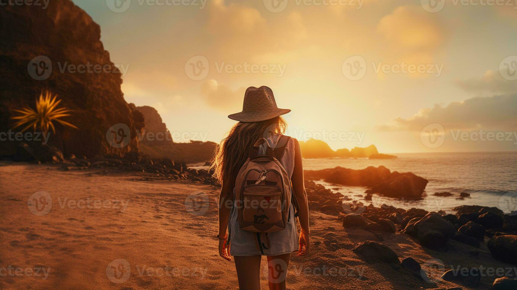 AI generated a photograph of traveler or backpaker in the beach with a many style and many angle photo