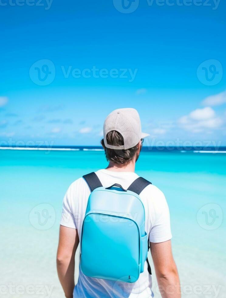 AI generated a photograph of traveler or backpaker in the beach with a many style and many angle photo