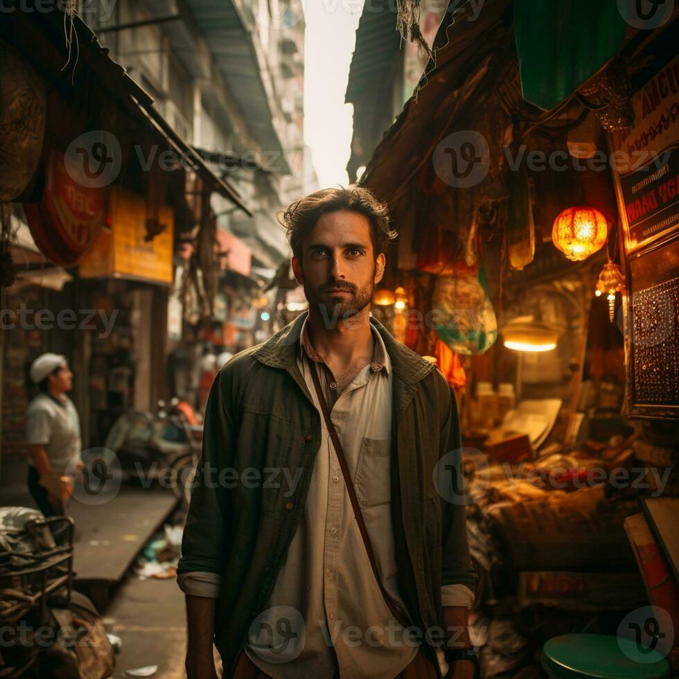 AI generated a photograph of traveler or backpaker in the beach with a many style and many angle photo