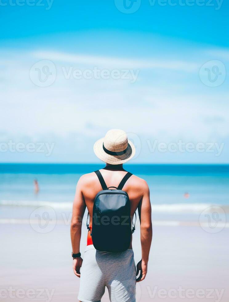 AI generated a photograph of traveler or backpaker in the beach with a many style and many angle photo