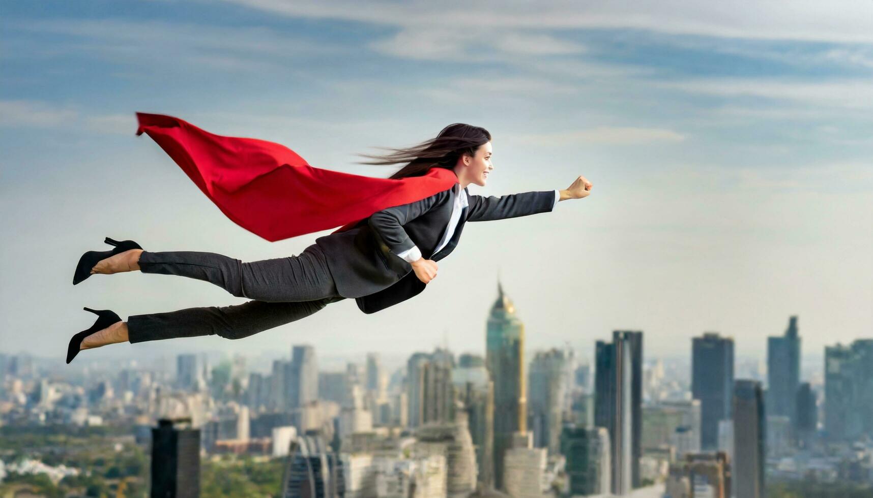 ai generado superhéroe mujer de negocios con rojo capa volador en el aire con paisaje urbano antecedentes foto