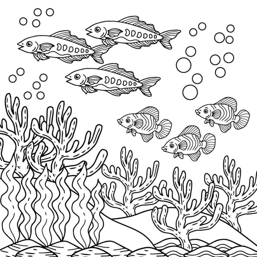 Aqua Fish Under Ocean Coloring Page For Kid vector