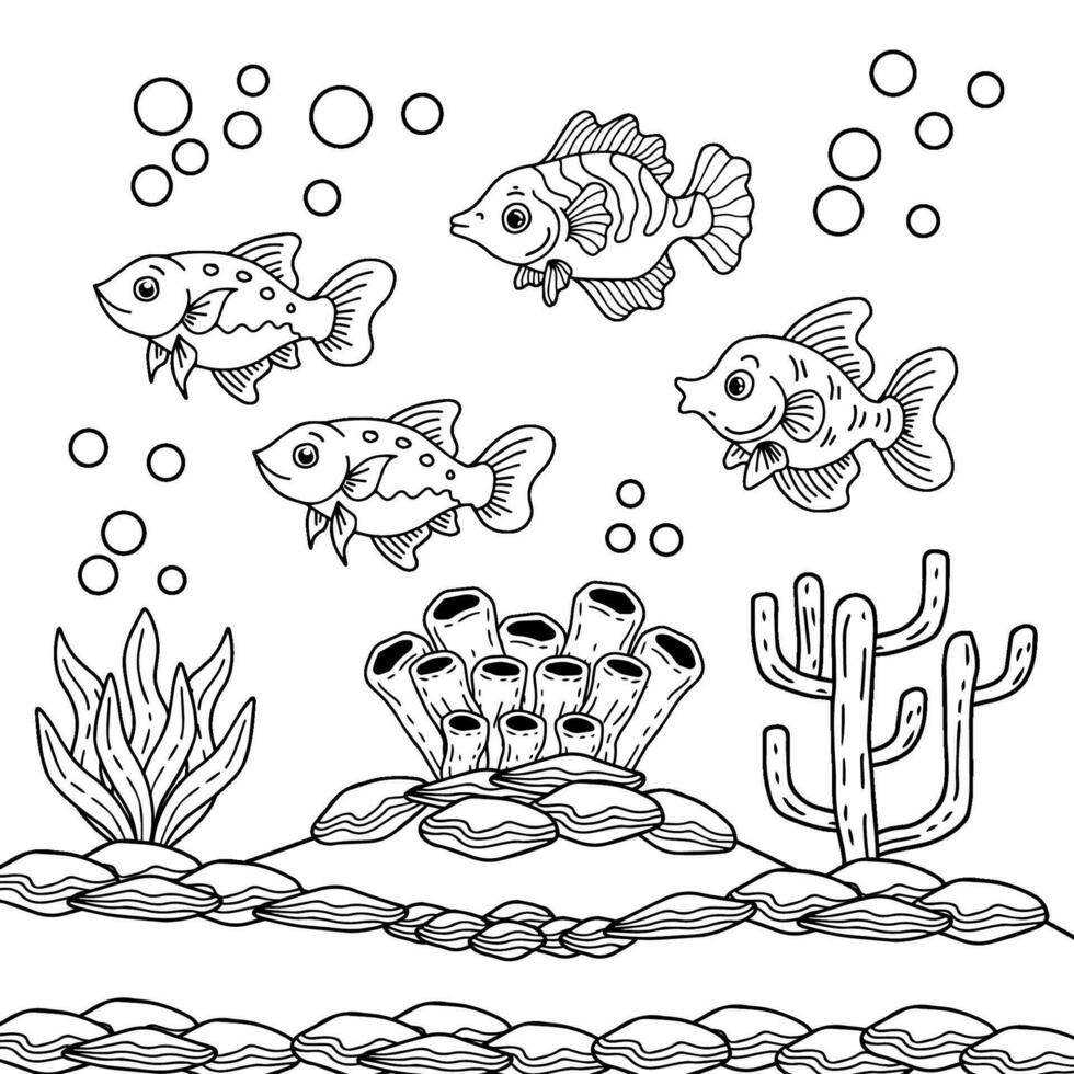 Aqua Fish Under Ocean Coloring Page For Kid vector