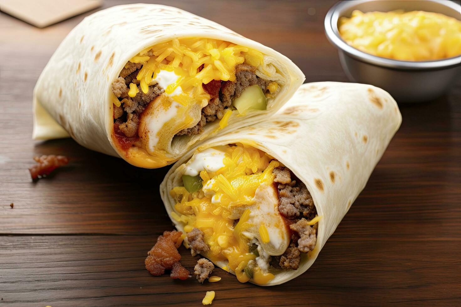 AI generated Breakfast burrito with sausage, eggs, hashbrown and cheese. AI Generated photo