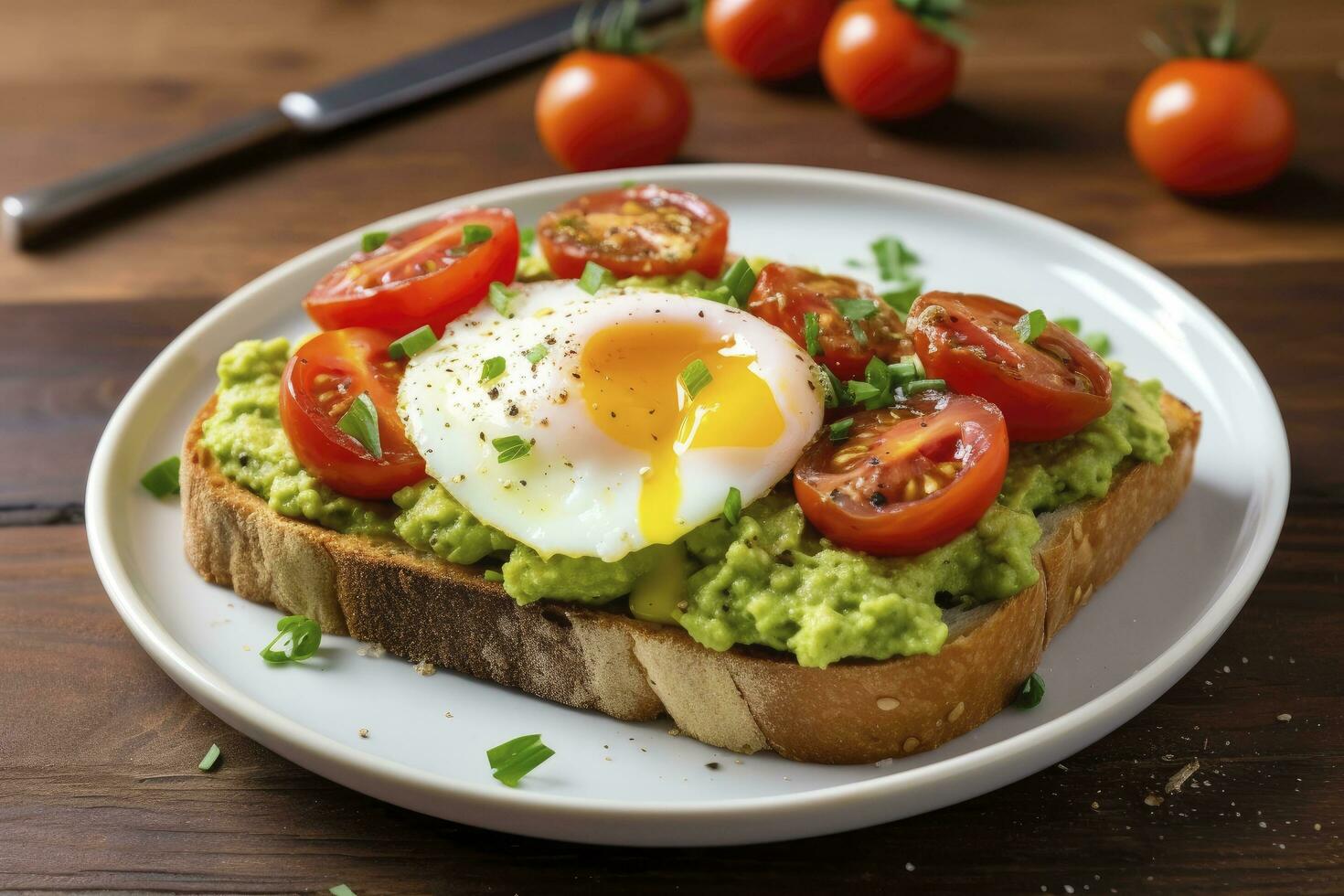 AI generated Avocado toast with eggs and roasted tomatoes. AI Generated photo