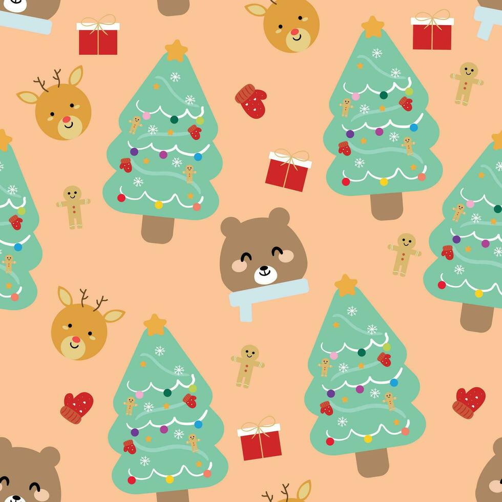 Cartoon bear seamless pattern with reindeer and Christmas elements. Cute Christmas wallpaper for cards, gift wrapping paper vector