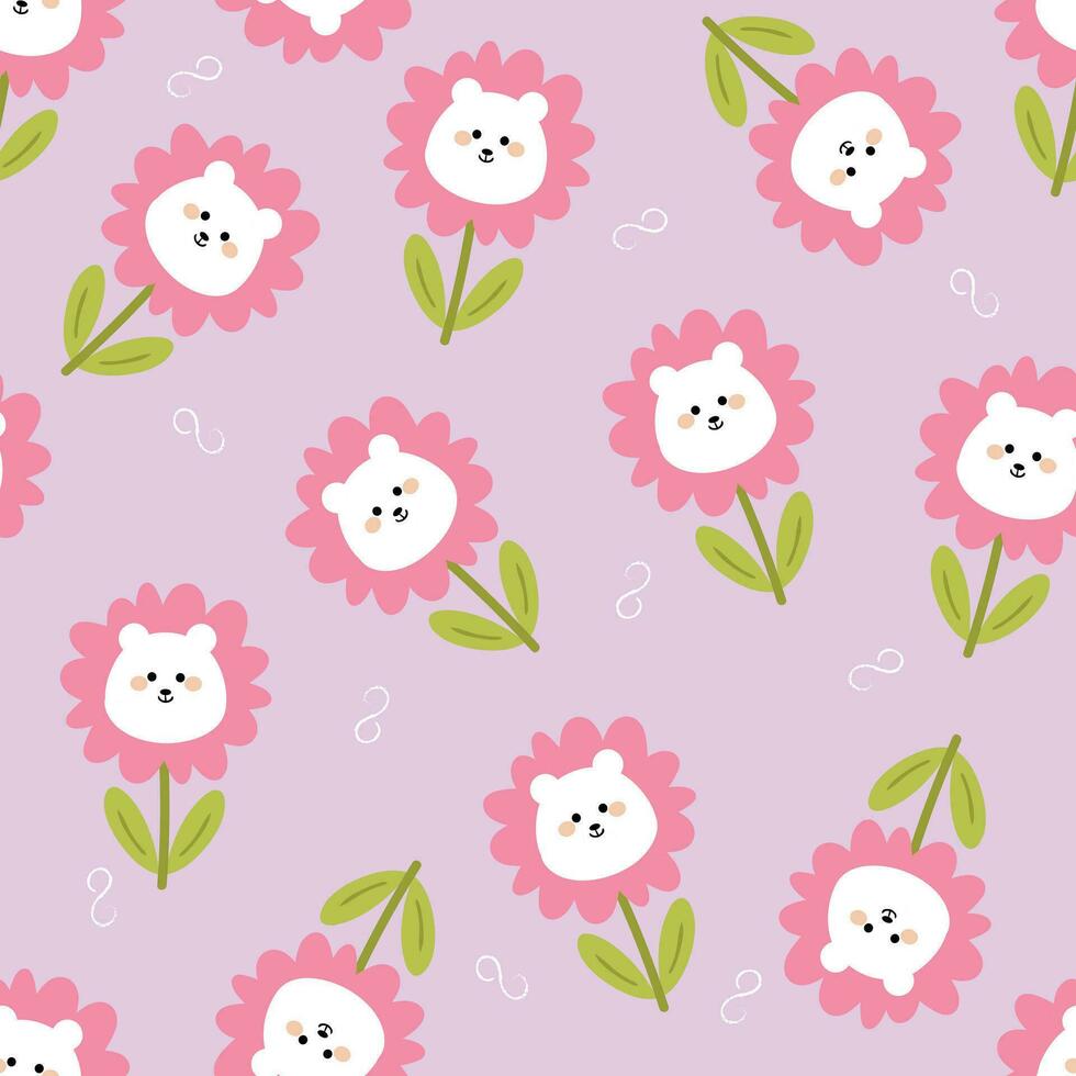 sin costura modelo de linda dibujos animados flores y oso. linda fondo de pantalla para regalo envase papel, textil, vistoso vector para niños, plano estilo