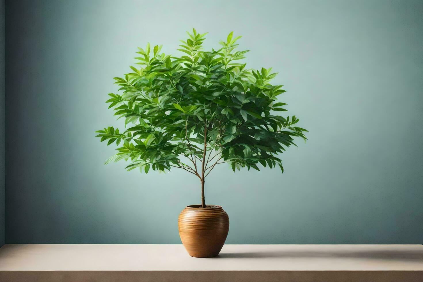 AI generated a potted plant on a table in front of a wall photo