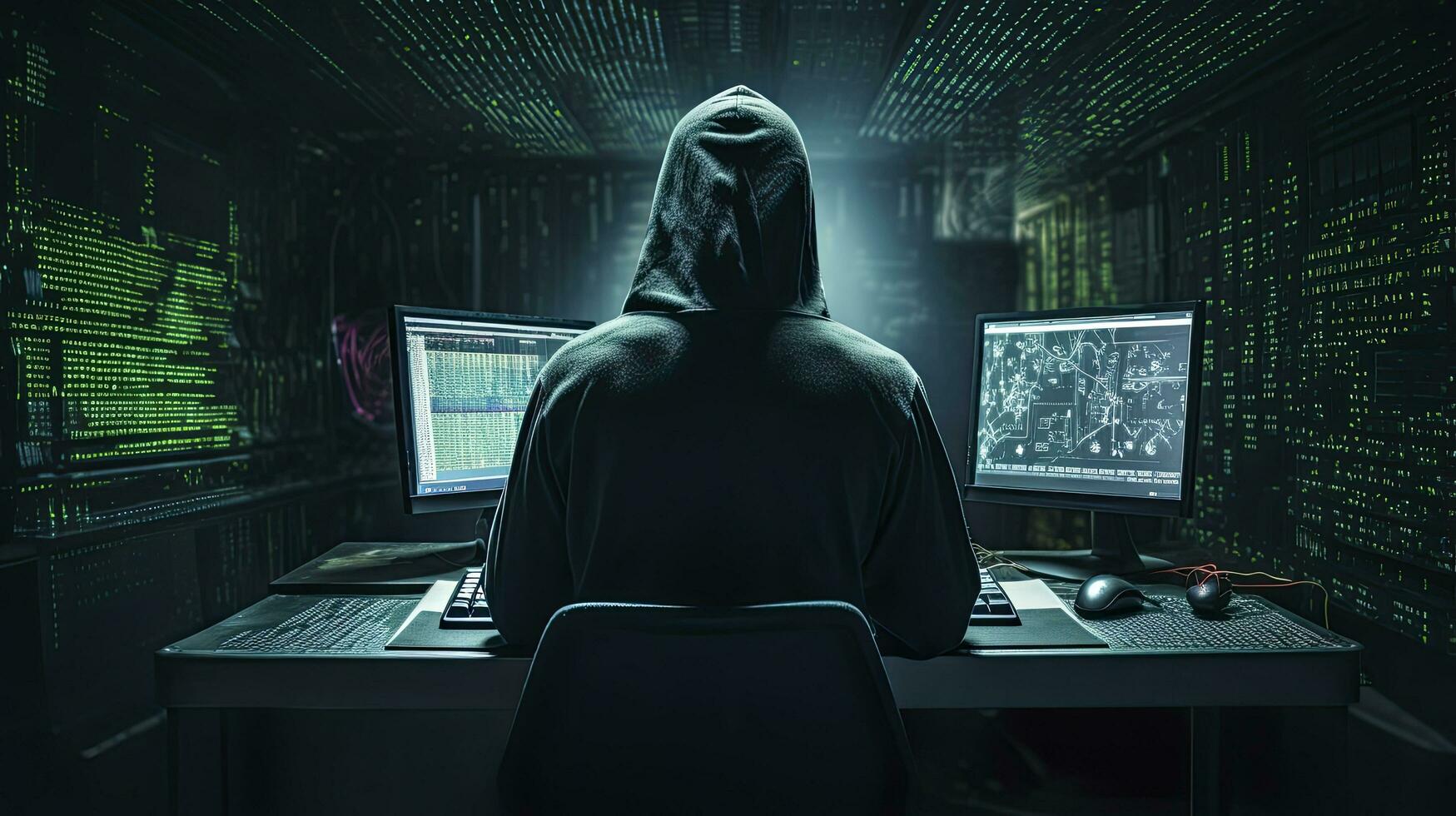 AI generated Hacker. A glimpse into the world of cyber conspiracies. AI Generated photo