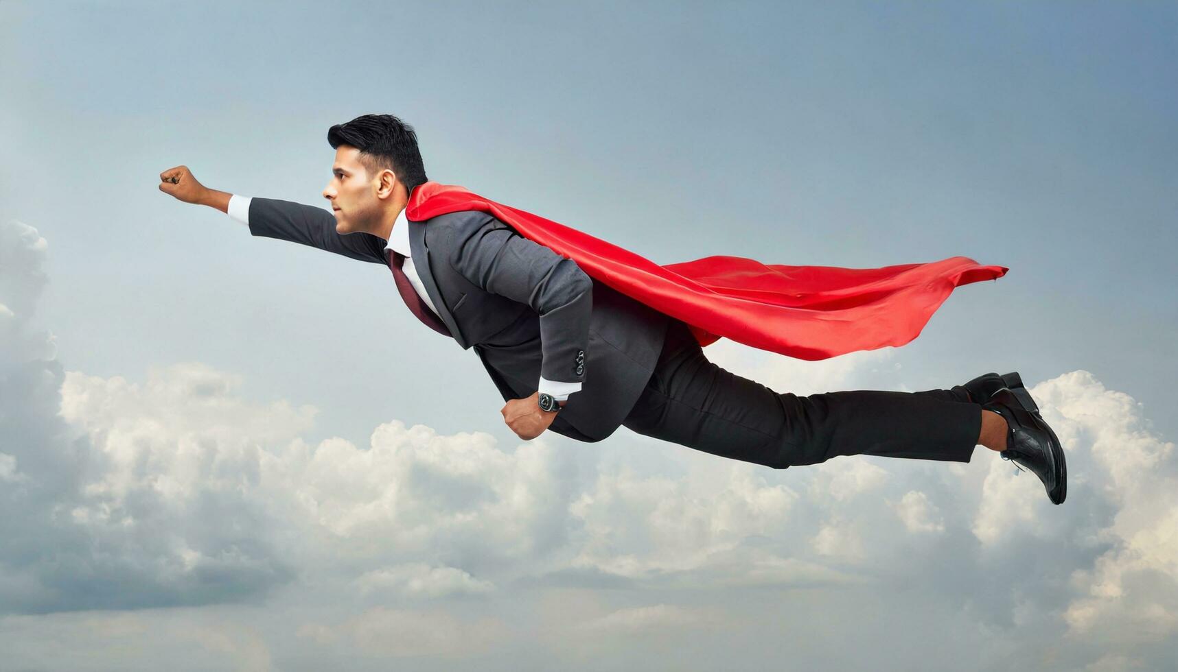 AI generated Businessman wearing red cape jumping high in sky with clouds as superhero concept photo