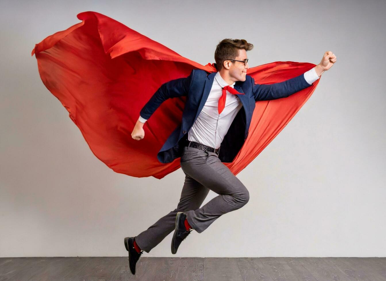 AI generated Businessman superhero flying with red cape on grey background photo