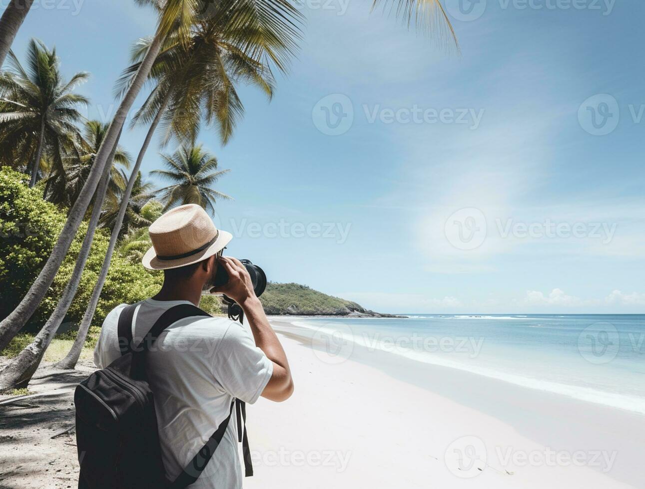 ai generado un fotografía de viajero o mochilero en el playa con un muchos estilo y muchos ángulo foto