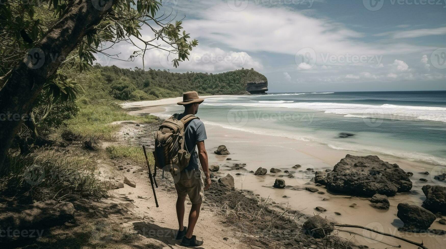 AI generated a photograph of traveler or backpaker in the beach with a many style and many angle photo