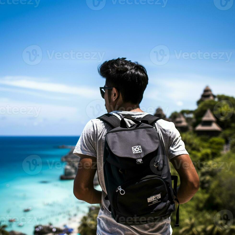 AI generated a photograph of traveler or backpaker in the beach with a many style and many angle photo