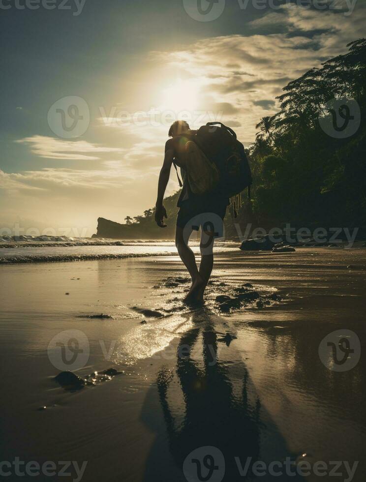 AI generated a photograph of traveler or backpaker in the beach with a many style and many angle photo