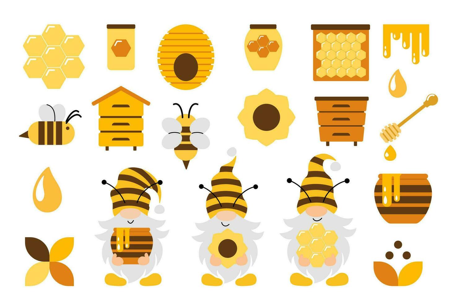 miel abejas vector colocar. linda abeja dibujos animados recopilación. gracioso ilustraciones, plano estilo iconos apicultura acortar Arte. reina abeja, gnomos, colmenas, fronteras, flores, panales