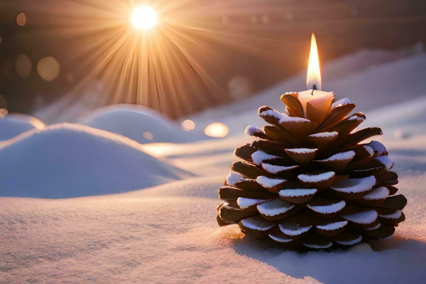 AI generated a pine cone with a candle in the snow photo