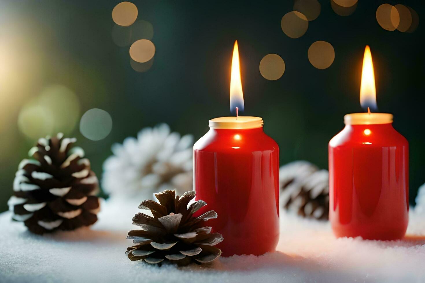 AI generated a pine cone with a candle in the snow photo