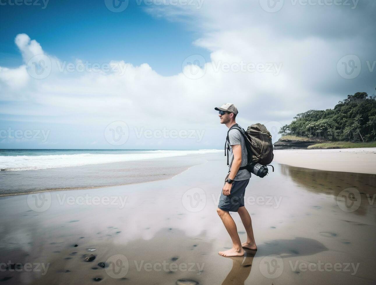 ai generado un fotografía de viajero o mochilero en el playa con un muchos estilo y muchos ángulo foto
