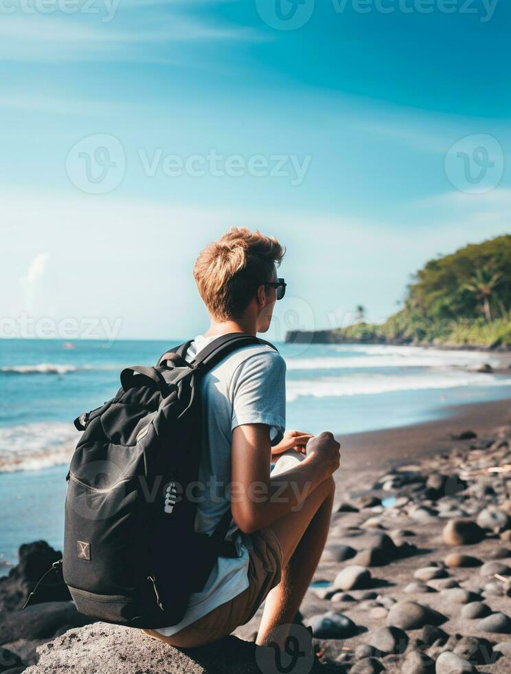 AI generated a photograph of traveler or backpaker in the beach with a many style and many angle photo