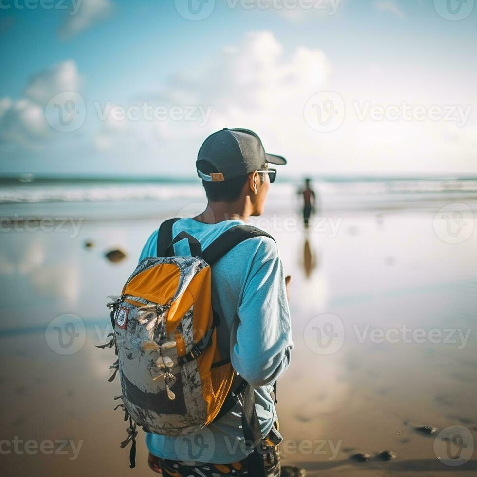 AI generated a photograph of traveler or backpaker in the beach with a many style and many angle photo