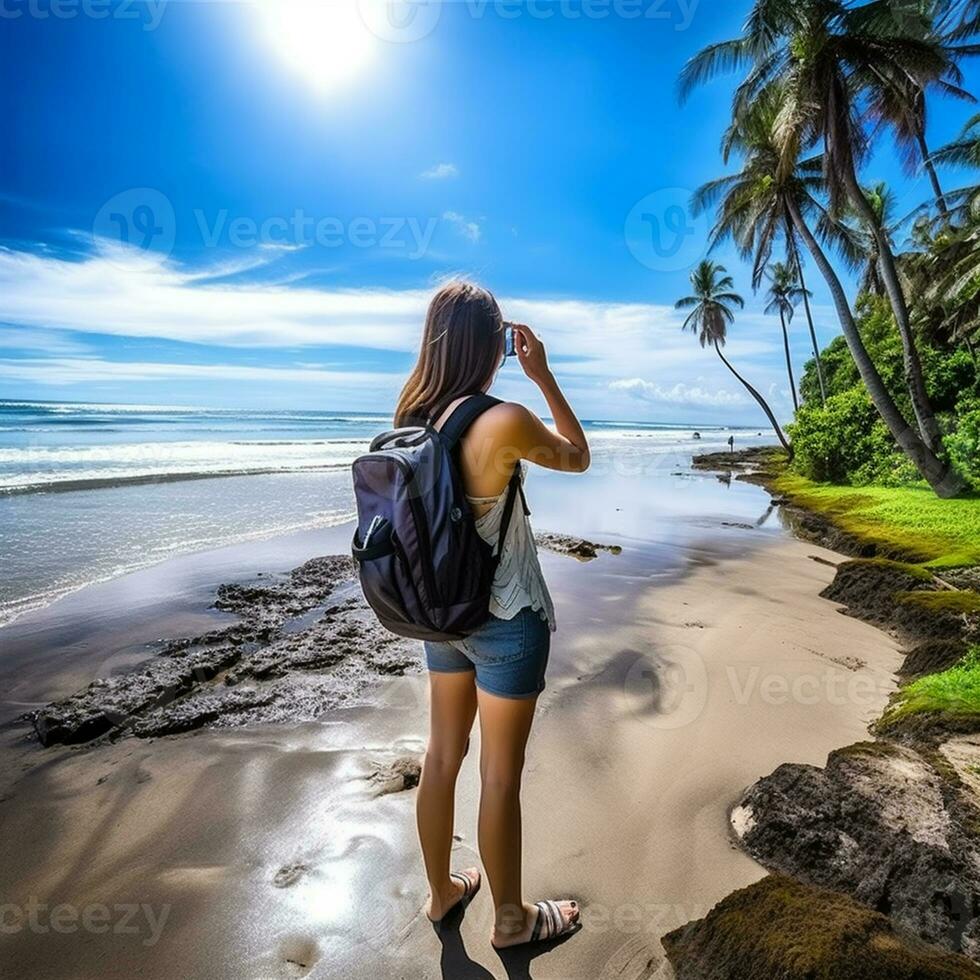 ai generado un fotografía de viajero o mochilero en el playa con un muchos estilo y muchos ángulo foto